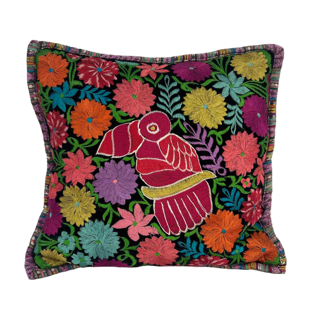 Pink Toucan Embroidered Pillow