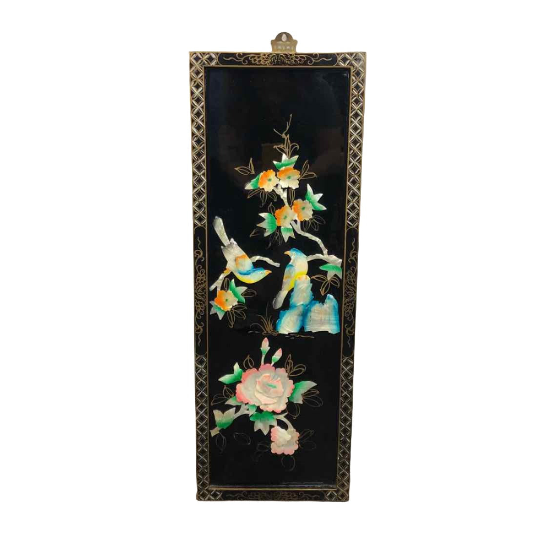 Vintage Asian shell store lacquer bird floral